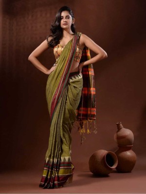 FASHION MOODS Printed Handloom Cotton Silk Saree(Green)