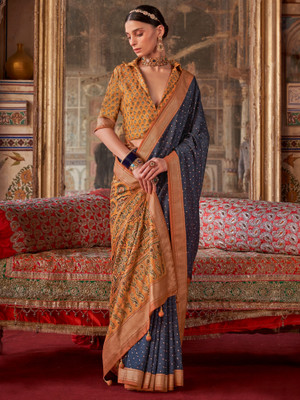 ANOUK Printed Bandhani Silk Blend Saree(Blue)