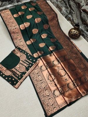 KAKADIYA Woven Kanjivaram Pure Silk Saree(Dark Green)