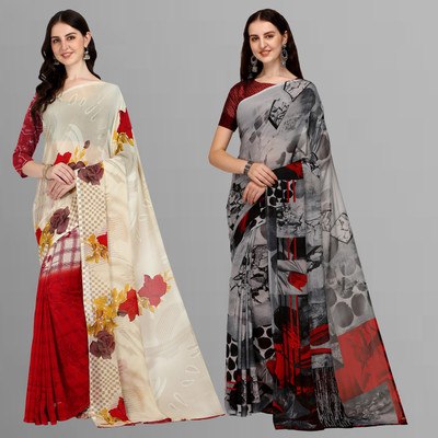 Anand Sarees Printed Daily Wear Georgette Saree(Pack of 2, Pink, Grey)