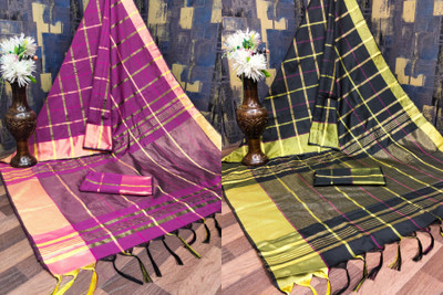 KHODIYAR TRENDZ Checkered, Woven Daily Wear Cotton Silk Saree(Pack of 2, Magenta, Black)