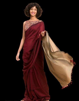 BRYNBRIT Solid/Plain Handloom Cotton Blend Saree(Multicolor)