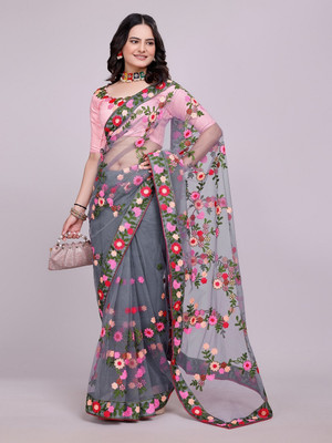 ORGOSCOPIO Embroidered, Embellished Bollywood Net Saree(Grey)