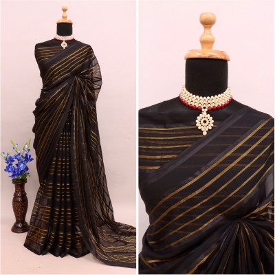 PRETTYAGE Solid/Plain, Self Design Dharmavaram Chiffon, Art Silk Saree(Black)