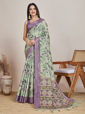 Divastri Digital Print, Printed, Woven Banarasi Tissue Saree(Purple, Green)