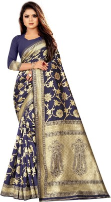 Hinayat Fashion Self Design, Printed, Embroidered, Embellished, Woven Kanjivaram Pure Silk, Art Silk Saree(Blue)