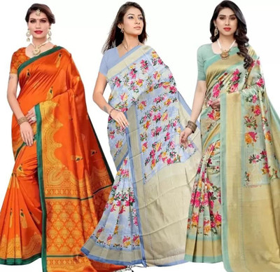 Grubstaker Printed Assam Silk Art Silk Saree(Pack of 3, Multicolor)
