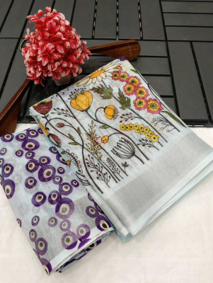 PRTRENDZ Printed Kanjivaram Pure Cotton, Cotton Linen Saree(Light Blue)