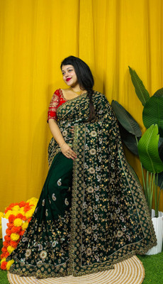 veerlaxmi Embroidered Saree with Attached Blouse Cotton Silk Saree(Dark Green)