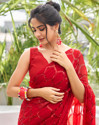 Satrani Dyed, Embroidered, Embellished Bollywood Chiffon, Georgette Saree(Red)