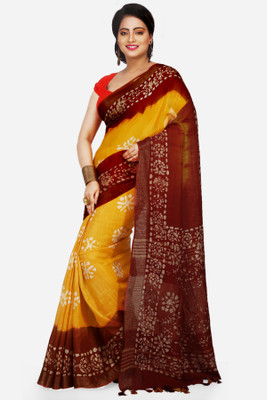 Mystory Printed Tant Cotton Linen Saree(Yellow, Maroon)