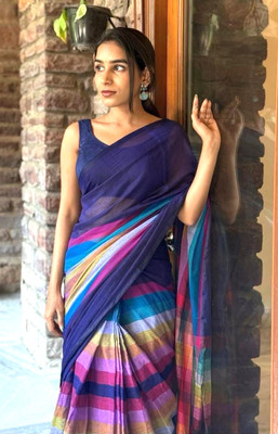 Sniccs Trend Striped, Printed Bollywood Linen Saree(Purple)