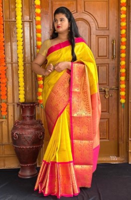 Sarvada Self Design Kanjivaram Pure Silk, Art Silk Saree(Mustard, Pink)