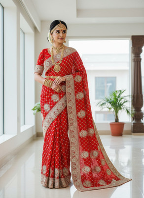 MOTISARIYA FASHION Embroidered, Embellished, Floral Print, Paisley, Self Design, Woven Bollywood Georgette Saree(Red)