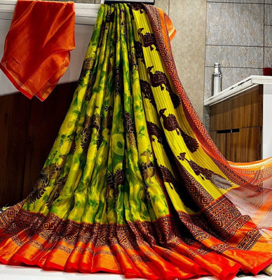 Bombey Velvat Fab Printed Berhampuri Chiffon, Brasso Saree(Yellow)
