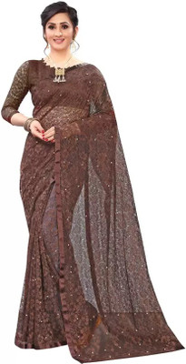 Nilkanthvarni Creation Self Design Bollywood Net Saree(Brown)