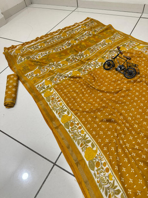 Vihan Fab Printed Kalamkari Mulmul Saree(Mustard)