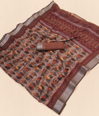Mugdarra Geometric Print Daily Wear Linen Saree(Brown)