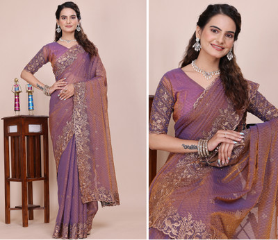 K 5 FASHION Embroidered, Embellished Bollywood Tissue Saree(Purple)
