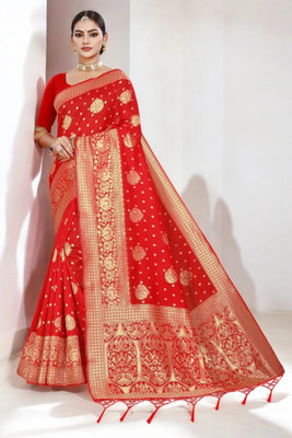 Pikham Self Design Banarasi Art Silk Saree(Red)