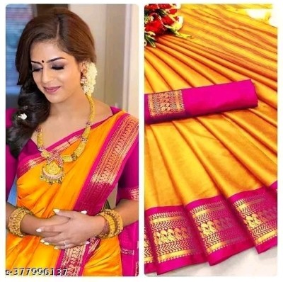 riddhi shivaay feb Woven Banarasi Cotton Silk Saree(Orange)