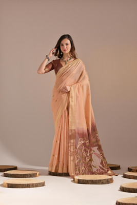 PeachPetals Embroidered, Printed, Woven Banarasi Cotton Blend Saree(Pink)