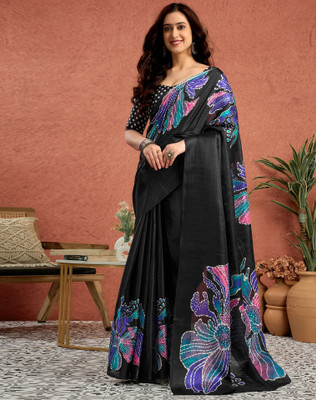 SIRIL Floral Print, Printed Daily Wear Khadi Saree(Black)