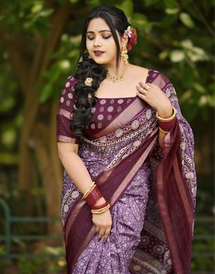 Samah Solid/Plain, Printed, Embellished Bollywood Khadi, Silk Blend Saree(Purple)