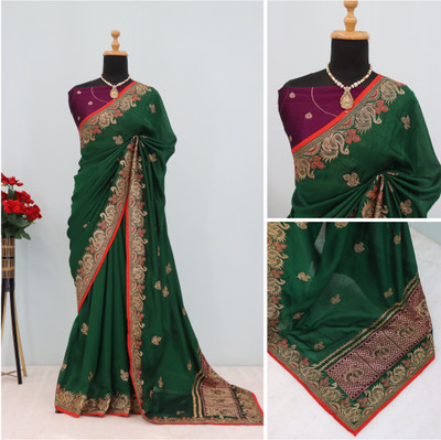 KHRITI FAB Embroidered Bollywood Pure Silk Saree(Green)