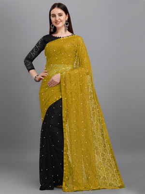 LOROFY Self Design Bollywood Net Saree(Black)