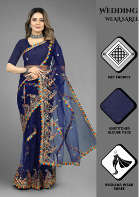 Barkiya Creation Embroidered Bollywood Net Saree(Blue)