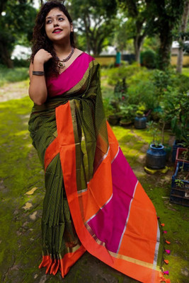 ANU INDIAN FASHION Striped, Woven Handloom Cotton Blend Saree(Multicolor)