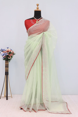HouseOfCommon Embellished Bollywood Supernet Saree(Light Green)