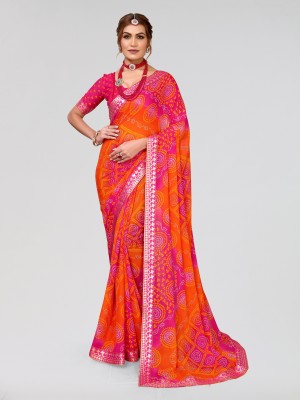 ANIRAV Printed Bollywood Georgette, Lace Saree(Pink)