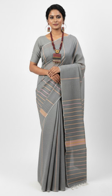 ShivMaya Solid/Plain Handloom Pure Cotton Saree(Grey)