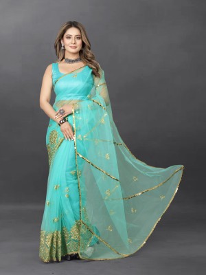 Yashvi Designer Embroidered Bollywood Net Saree(Blue)