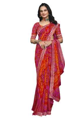 Kanooda Prints Printed Bandhani Georgette Saree(Green)