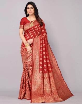 SIRIL Printed, Geometric Print, Floral Print Banarasi Cotton Silk, Art Silk Saree(Red, Gold)