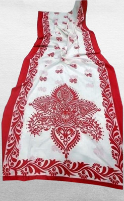 Happy Creation Printed Jamdani Handloom Cotton Blend Saree(White, Red)