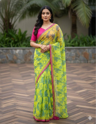 KOMAL NX Floral Print, Printed Bollywood Georgette Saree(Yellow)