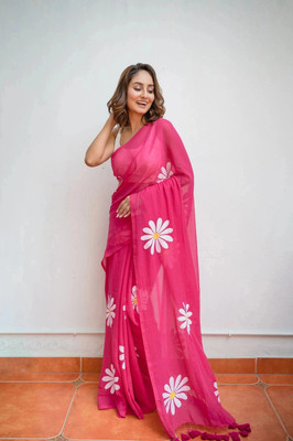 Myraani Floral Print Daily Wear Cotton Linen Saree(Pink)