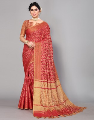 Samah Woven, Embellished, Printed Banarasi Cotton Silk, Silk Blend Saree(Red, Beige)