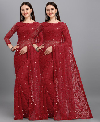 LOROFY Self Design Bollywood Net Saree(Pack of 2, Maroon)