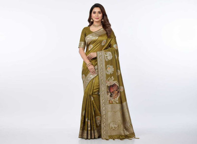 Radha Silk Saga Woven, Floral Print, Paisley Banarasi Georgette Saree(Dark Green)