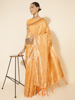 Janasya Woven, Self Design Chanderi Silk Blend Saree(Yellow)