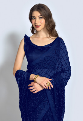 Clemira Checkered, Embellished Bollywood Georgette Saree(Blue)