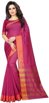 Suntex Striped Bollywood Cotton Silk Saree(Pink)