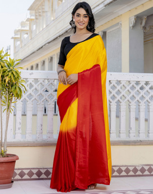Satrani Ombre, Solid/Plain Bollywood Chiffon, Georgette Saree(Red, Yellow)