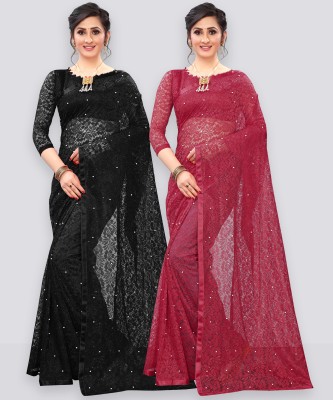 LOROFY Self Design Bollywood Net Saree(Pack of 2, Maroon, Black)