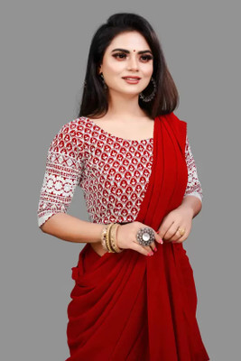 GRIFEZ Solid/Plain Bollywood Georgette Saree(Red)